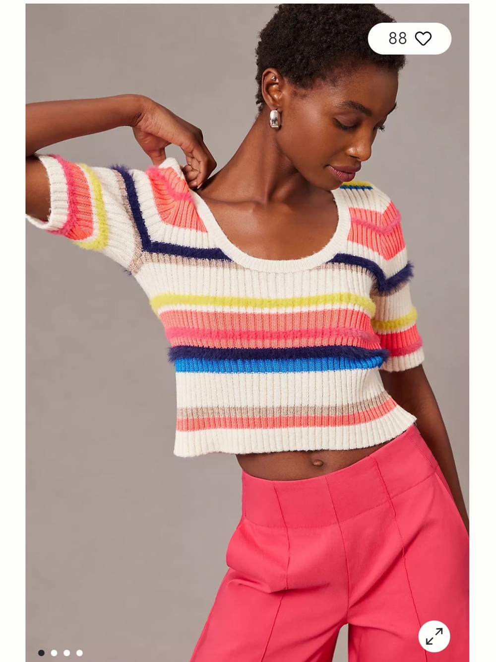 Anthropologie Maeve Short-Sleeve Multi-Stripe Eyelash Wool Cotton blend Sweater